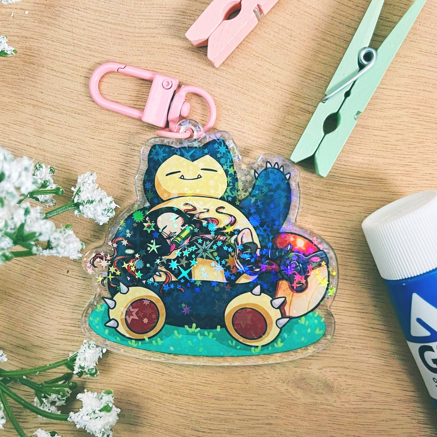 Nezuko and Snorlax Used Rest Keychain