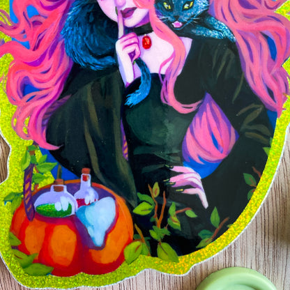 Classical Witch and Black Cat (Holographic Sticker)