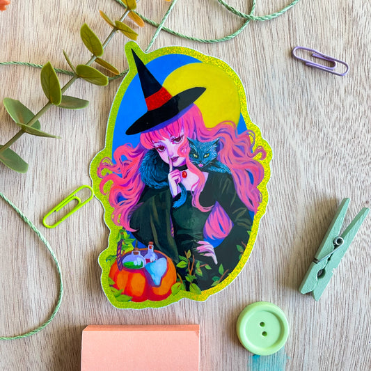 Classical Witch and Black Cat (Holographic Sticker)