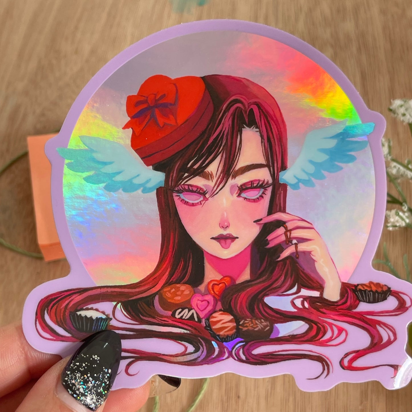 Valentine Chocolate Angel (Holographic Sticker)